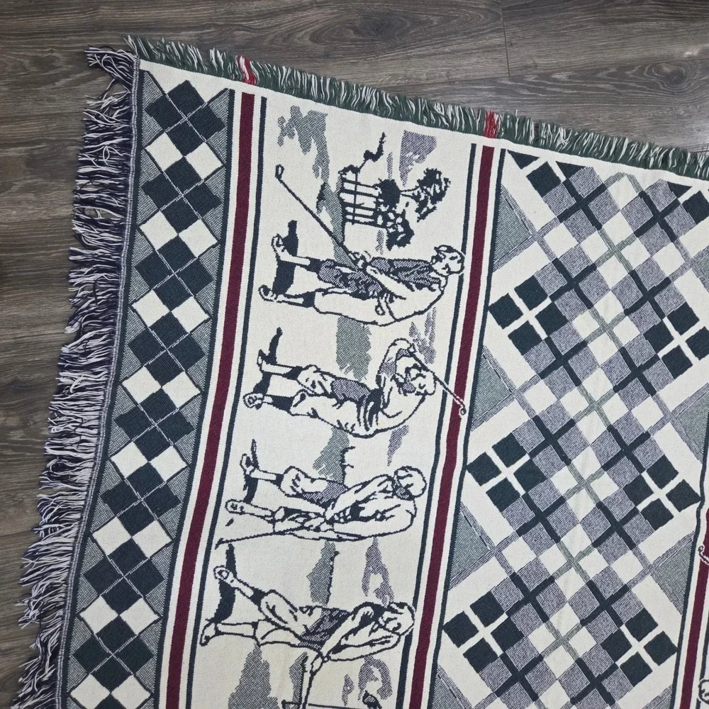 Vintage Golf Tapestry Throw Blanket Argyle Woven‎ Fringe Excellent Country Club